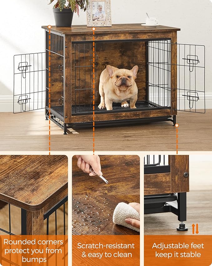 Feandrea Dog Crate Furniture, 32.5" Side End Table, Modern Kennel for Dogs Indoor up to 45 lb, Heavy-Duty Dog Cage with Multi-Purpose Removable Tray, Double-Door Dog House, Rustic Brown UPFC002X01