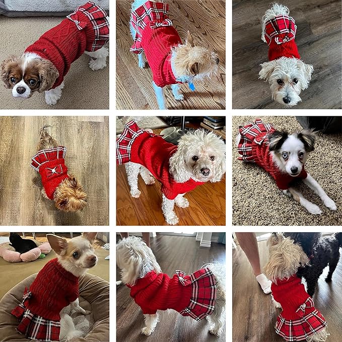WOYYHO Girl Dog Sweater Dress with Bowtie Turtleneck Small Dogs Sweater with Leash Hole, Knitted Small Dog Sweaters Dress Puppy Winter Clothes for Yorkies Chihuahua (Medium, Red)