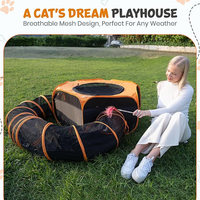Cat Tent & Tunnel Enclosure – 47" Outdoor Playpen with 106" Tunnel, Water-Resistant Mesh, Zipper Door & Carry Bag – Portable Catio for Cats, Rabbits & Small Pets