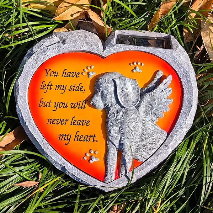 BAYN Dog Pet Memorial Stones Gifts, Solar Heart Shaped Pet Memorial Headstone Grave Markers for Loved Ones Loss of Dog Sympathy Gift Garden Stone Statue