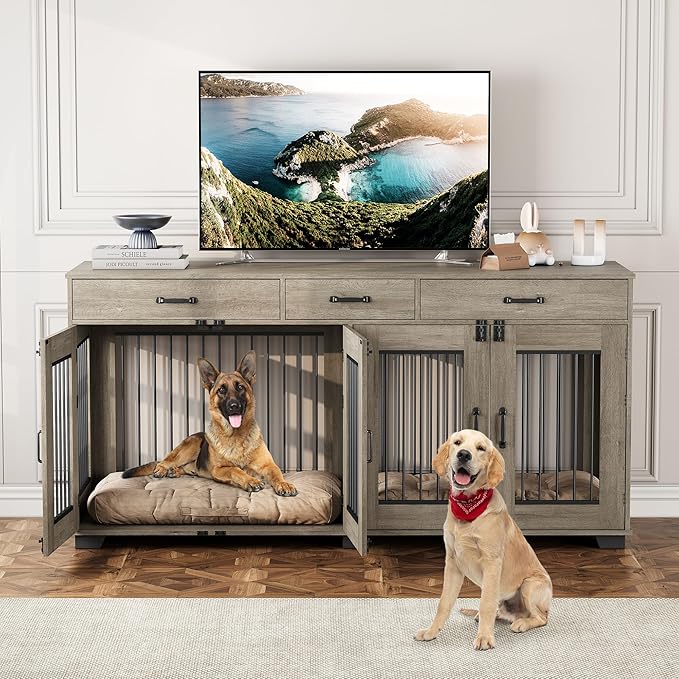 71'' Dog Crate Furniture, Wooden Indoor Dog Kennel for 2 Dogs with 3 Drawers and Removable Room Divider, XXL Double Dog Crate TV Stand End Table with Double Doors for Large Medium Dogs, Grey