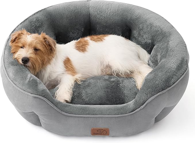 Bedsure Dog Bed for Medium Dogs - Round Washable Medium Pet Bed, Anti-Slip Donut Fluffy Plush Indoor Fur Cat Bed, 28 inches, Grey