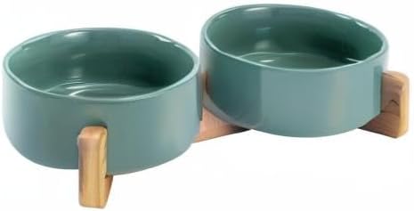 SPUNKYJUNKY Ceramic Dog and Cat Bowl Set with Wooden Stand, Modern Cute Weighted Food Water Set for Small Size Dogs (13.5OZ) & Medium Sized Dogs (28.7OZ) & Cats (1.7 Cups, 2 × Morandi Green)