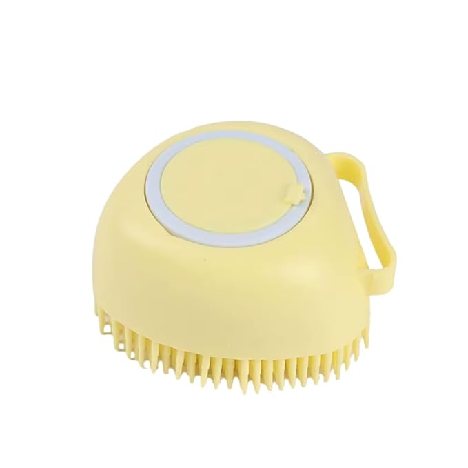 Dog & Cat Bath Brush with Built-In Shampoo Dispenser - 2-in-1 Silicone Pet Grooming Massage Brush for Anxiety Relief & Deep Cleaning - Luxury Spa Treatment (Yellow)