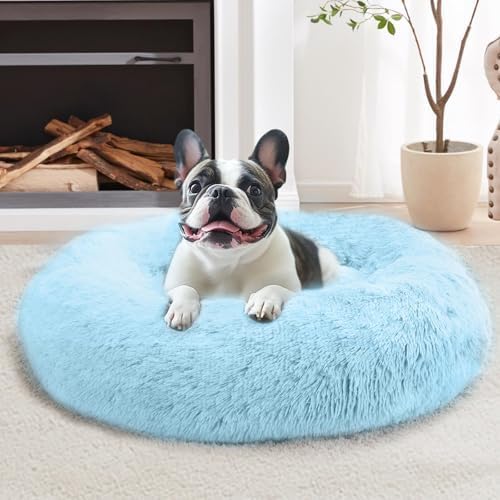 JOLLYVOGUE Calming Dog & Cat Bed for Small Dogs, Anti-Anxiety Donut Cuddler Cozy Soft Round Bed with Anti-Slip Bottom, Fluffy Faux Fur Plush Cushion Beds for Small Medium Pets (23")