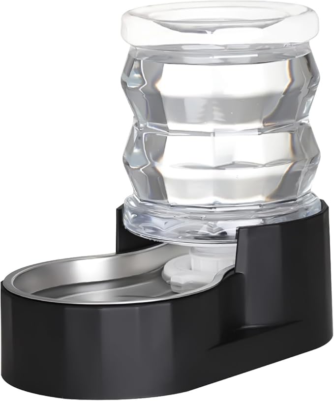 RIZZARI Dog Water Bowl Dispenser: 5L Gravity Black Automatic Stainless Steel Drinking Feeder with Filter for Dogs and Cats