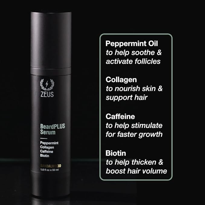 ZEUS BeardPLUS Essential Beard Growth Set for Men, Hair Growth Treatment, Shampoo, Conditioner & Serum for Thicker & Stronger Facial Hair with Biotin & Caffeine (Made in USA) 3-Piece Set