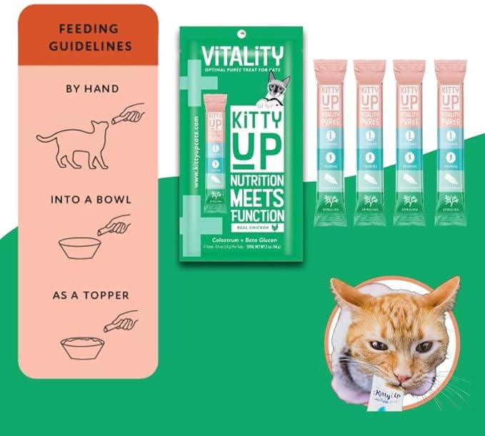 Lickable Cat Treats - Vitality Chicken Puree Squeeze Tubes with Lysine, Taurine & Beta Glucan | Immune Support for Indoor Cats (12 Pack)