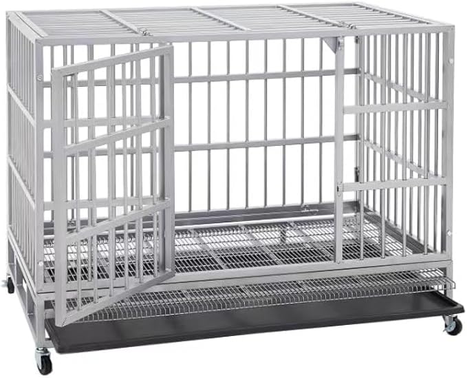 48/42/38 inch Heavy Duty Indestructible and Escape-Proof Dog Crate Cage Kennel for Large Dogs, High Anxiety Dog Crate with Removable Wire Trays and Wheels, Extra Large XL XXL