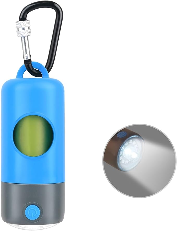 Rechargeable Dog Poop Bag Dispenser With Safety LED Flashlight, Pet Waste Bag Holder with Carabiner Clip For Leash, Collar,Harness, and 15 PCS Extra Thick Doggy Waste Bags