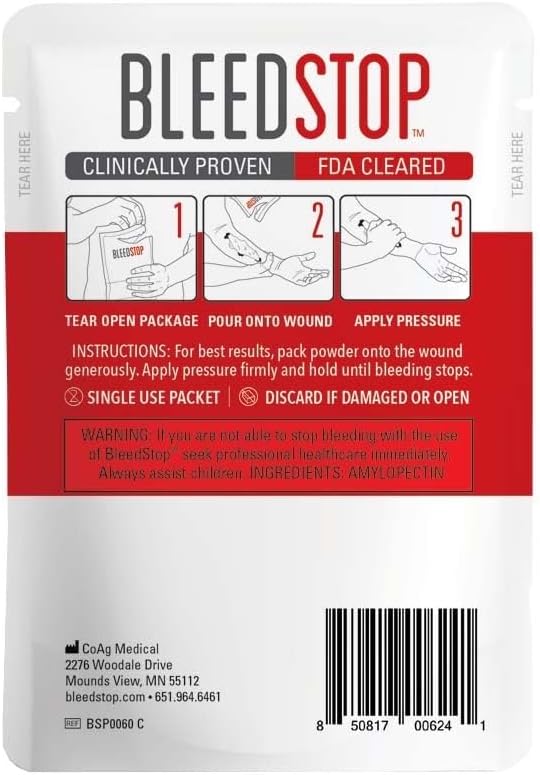 BleedStop™ First Aid Powder for Blood Clotting, Trauma Kit, Blood Thinner Patients, Camping Safety, and Survival Equipment for Moderate to Severe Bleeding Wounds or Nosebleeds - 1 (60g) Pouch