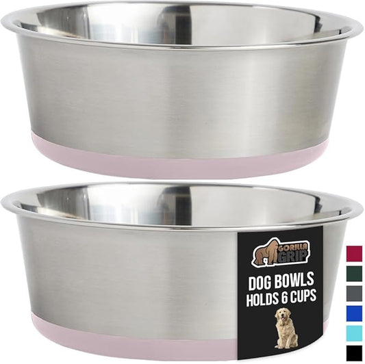 GORILLA GRIP Set of 2 Dog Bowls, Holds 6 Cups (48 fl oz), Heavy Duty Metal Food and Water Bowl for Feeding Dogs and Cats, Dishwasher Safe, Rust Resistant Stainless Steel, BPA Free Rubber Base, Lt Pink