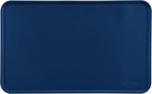Amazon Basics Waterproof Anti-Slip Silicone Cat & Dog Food Mat, Pet Mats with Raised Edges for Food and Water Bowl to Protect Floors, 18.5 x 11.5 Inches, Blue, Solid