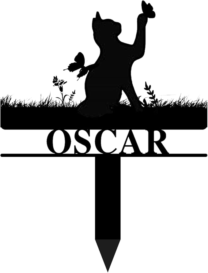 Custom Cat Grave Marker Cat Burial Stake, Personalized Butterfly Flowers Cat Memorial Garden Stake, Metal Cat Memorial Plaque for Outdoors, Customized Pet Headstone