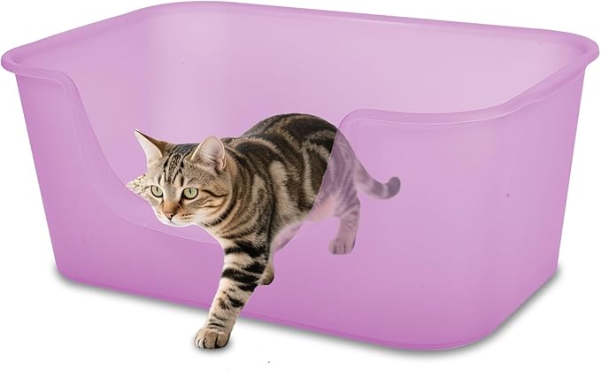 Large Cat Litter Box With High Sides For Indoor Multi Cats,Big Low Entry Cat Litter Pan Kitty Litter Box For Kittens & Senior Cats,Open Top Waterproof Anti-Splashing High Wall Cat Box(Purple)