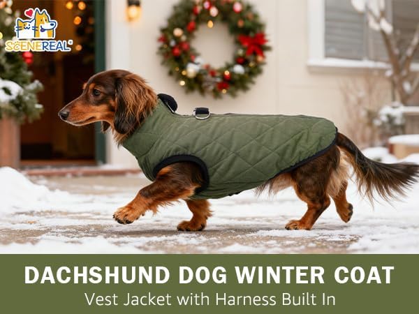 SCENEREAL Dachshund Winter Dog Vest Coat with Harness Built in, Warm Puppy Jacket for Small Medium Dogs, Cold Weather Coat with Zipper, Fleece Puffer Vest Windproof Snow Clothes