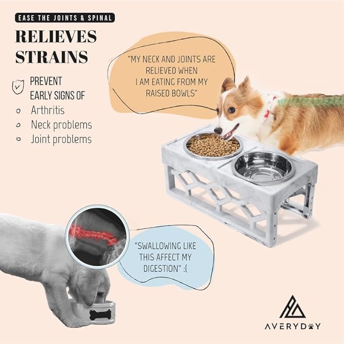 AVERYDAY Small Dog Bowls Elevated, 4 Height Adjustable Raised Dog Bowl Stand with 2 Stainless Steel Food and Water Bowls Set, Tall Dogs Feeding Station with Anti-Slip Base for Small Medium Breeds Dogs