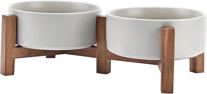 SPUNKYJUNKY Ceramic Dog Bowls Set with Acacia Wood Stand - Raised Dog Food and Water Bowl for Small Dogs (13.52 OZ, Gray)