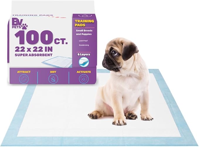 BV Puppy Pads Leak-Proof 100 Count 22"x 22" - Absorbent Pee Pads for Dogs with 6-Layer Design, Rapid Dry Sheet & Built-in Attractant - Dog Pad with Odor Control, Perfect for Puppies & Senior Dogs