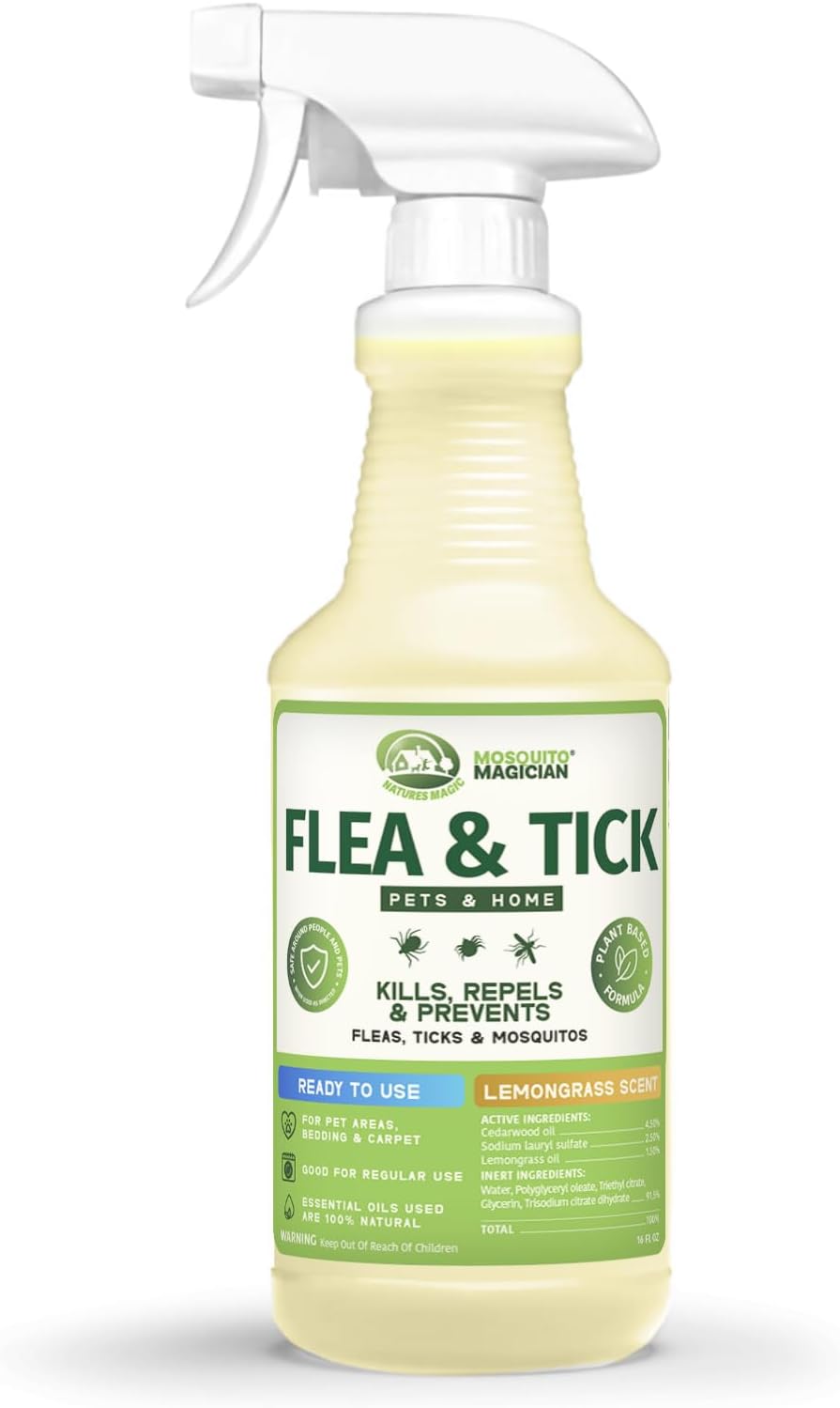 Mosquito Magician Indoor and Outdoor Spray - Use for Carpet, Furniture, Bedding, Couches & Pets – Plant-Sourced with Essential Oil - Lemongrass, 16 OZ