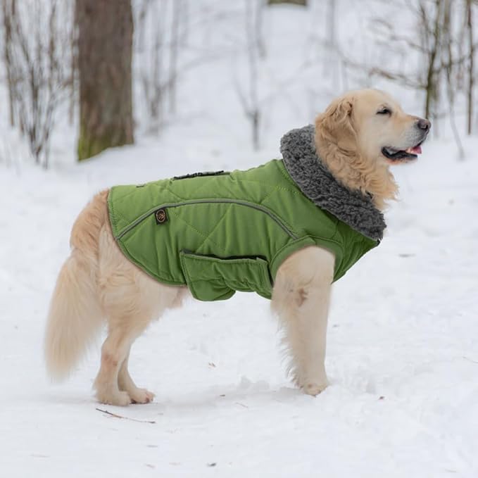 EMUST Dog Winter Coats, Windproof Dog Jackets for Cold Weather with Lofty Collar, Reflective Puppy Clothes for Small Pet Clothes for Dogs, Green, S