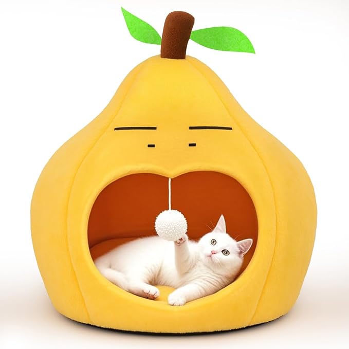 Cute Cat Beds for Indoor Cats, Small Dog Beds, Soft Washable Pet Beds for Kitten and Puppy, Funny Pear Cat Cave, 19 Inches
