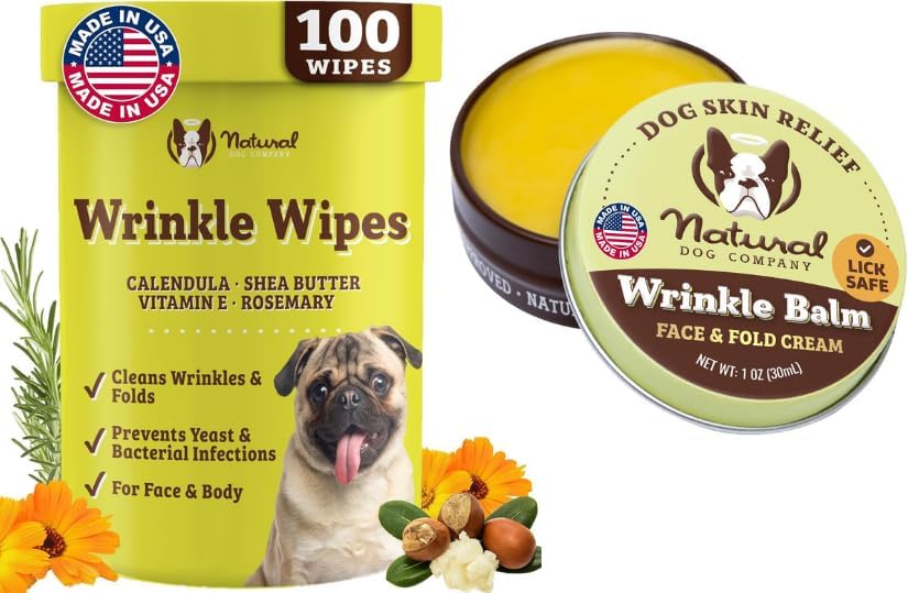 Natural Dog Wrinkle Wipes & Balm Bundle, Dog Cleaner Wipes 100ct + Moisturizing Balm for Itchy Skin 1oz Tin, Hypoallergenic, Lick-Safe, Bulldog Wrinkle Care for Face, Paws & Folds