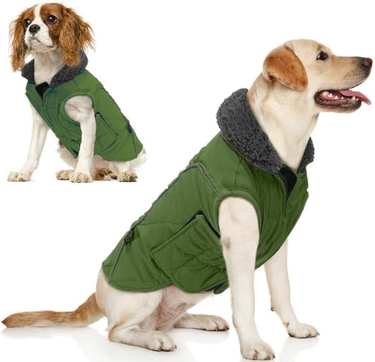 EMUST Winter Dog Coat for Medium Boys - Thick Clothes with Harness Hole for Cold Weather, Green, M