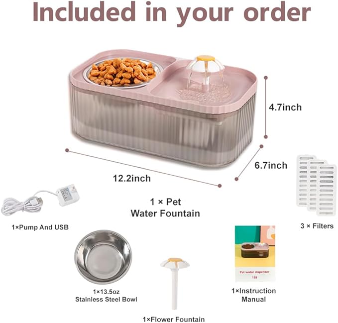 Marchul Cat Water Fountain and Stainless Steel Food Bowl, 100oz/3L Super Quiet Automatic Pet Water Dispenser with Smart Pump and 3 Replacement Filters for Cats and Small Dogs, Pink