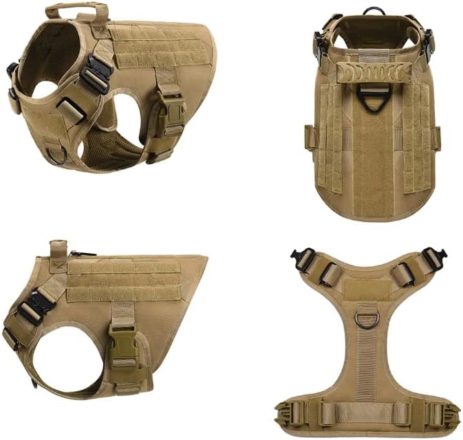 Tactical Dog Harness with Handle Collar and Leash Set Dog Vest Harness No Pull Dog Harness with Patches Adjustable Buckles for Dogs (Khaki, Medium)