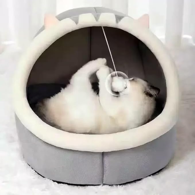 Covered Cat Bed, Orthopedic Memory Foam Cat Beds for Indoor Cats, Enclosed Cave Design with Washable Inner Cushion, Pink Cat Ears & Hanging Pom - Pom for Large Cats & Small Dogs