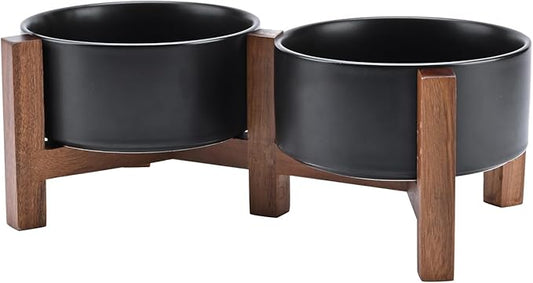 SPUNKYJUNKY Ceramic Dog Bowls with Acacia Wood Stand - Raised Dog Food and Water Bowl Set for Medium Dogs (28.74 OZ, Black)