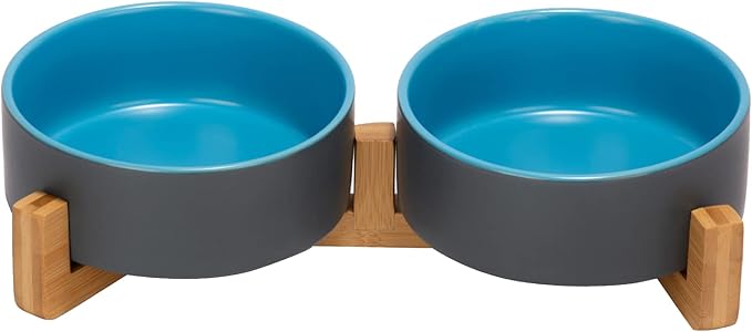 SPUNKYJUNKY Ceramic Dog and Cat Bowl Set with Wooden Stand, Modern Cute Weighted Food Water Set for Small Size Dogs (13.5OZ) & Medium Sized Dogs (28.7OZ) & Cats (1.7 Cups, 2 × Blue-Grey)