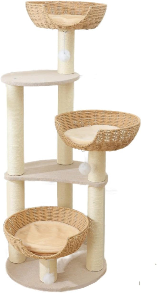 SHENGOCASE Modern Cat Tree Tower, 3 Large Rattan Wicker Basket Beds, Window Perch for Cats up to 20 lbs