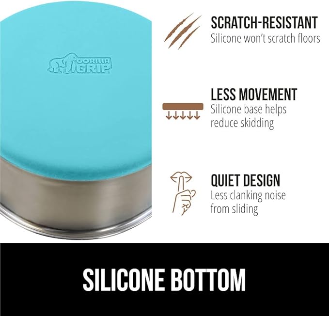 GORILLA GRIP Set of 2 Dog Bowls, Heavy Duty Metal Food and Water Bowl for Feeding Dogs and Cats, Dishwasher Safe Rust Resistant Stainless Steel, BPA Free Rubber Base, Holds 2 Cups (16 fl oz) Turquoise