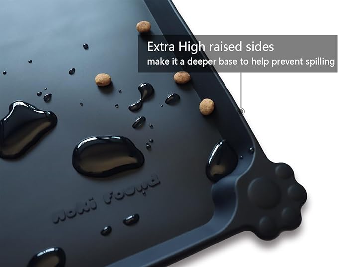 Hoki Found X-Large Silicone Pet Food Mats - Non Slip Dog Cat Bowl Mats - Waterproof - Black