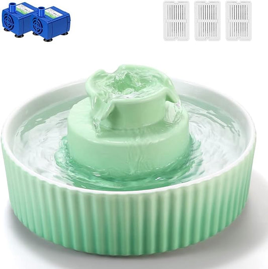 Ceramic Cat Water Fountain, 2.1L/71oz Cupcake Cat Fountain for Dog and Cat Indoor, 2 Ultra Quiet Pumps (Green)