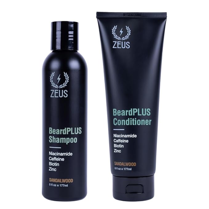 ZEUS BeardPlus Beard Shampoo & Conditioner Set for Men, Beard Growth Treatment for Hydration, Softness & Thickness with Biotin & Caffeine (Made in USA) Combo Set