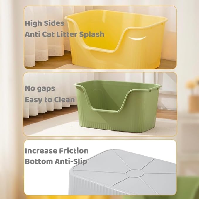 SpaceTime Large Cat Litter Box with High Sides,Cat Boxes for Indoor Cats,Cat Litter Pan for Kitty,Litter Box with Low Entry,Easy to Clean,Anti-Splashing (Yellow)