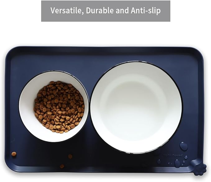 Hoki Found Silicone Pet Food Mats Tray - High-Lips Pet Dog Cat Bowl Mats - Dog Pet Cat Feeding Mat - Waterproof Dog Cat Food Mats -Pet Water Mats for Floors - French Navy