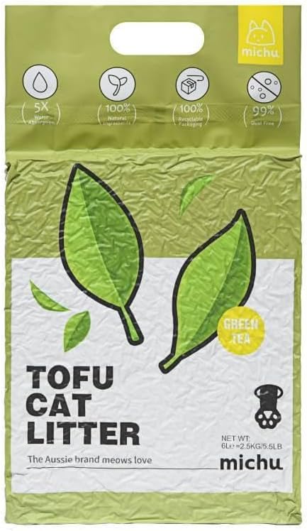 Michu Tofu Cat Litter Natural Clumping Tofu Cat Litter, Fast Clumping and Easily Scoop-able 5.5lb/88oz 5 Scents - Greentea, 1 Pack