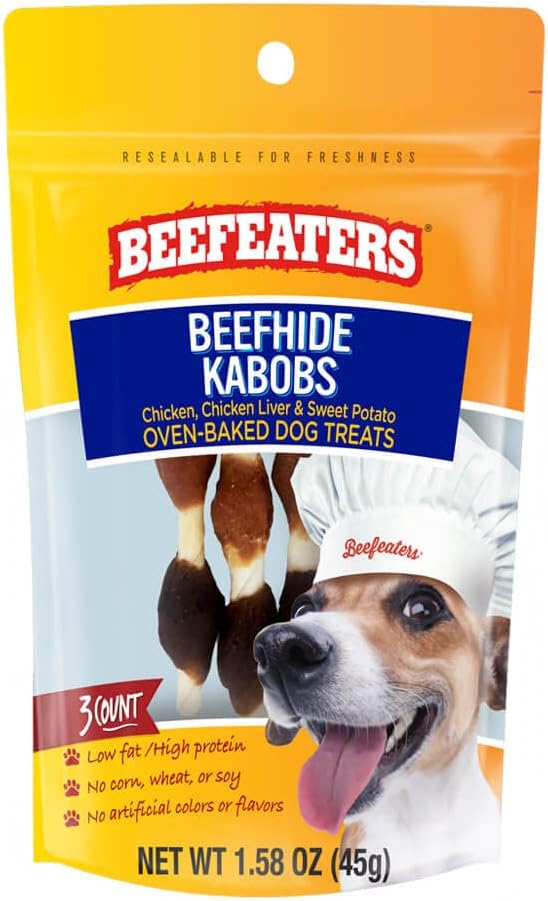 Beefeaters Beefhide Kabobs – Dog Treat. Triple Flavor with Real Chicken, Liver & Sweet Potato, Long-Lasting Chew, Supports Dental Health, Ideal for Training