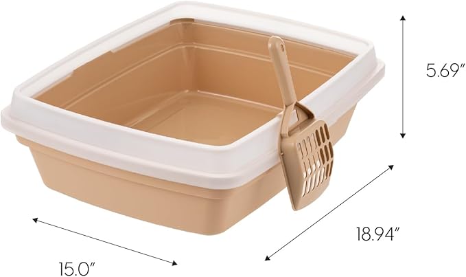 IRIS USA Cat Litter Box, Open Top with Scoop, Easy Clean Plastic Pan for Indoor Cats & Kittens, Beige