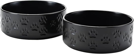 SPUNKYJUNKY Ceramic Dog Bowls 2 Pack, 8.3'' Dog Food Water Double Feeding Bowls Non-Slip for Medium to Large Sized Breed Microwave Dishwasher Safe - 60 OZ, 2pcs, Paw Black