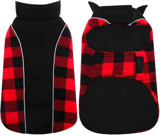 Kuoser Dog Winter Coat,Reversible Waterproof Dog Jacket with Leash Hole,Warm Dogs Fleece Vest Adjustable Doggy Cold Weather Clothes Plaid Christmas Outfit Pet Apparel for Extra Large Dogs,RedBlack 3XL