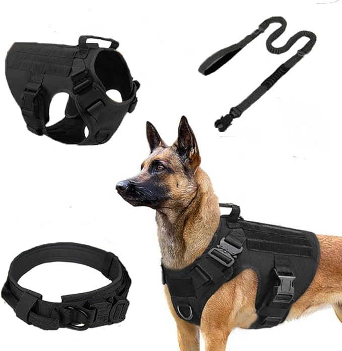 Tactical Dog Harness with Handle Collar and Leash Set Dog Vest Harness No Pull Dog Harness with Patches Adjustable Buckles for Dogs (Black, Medium)