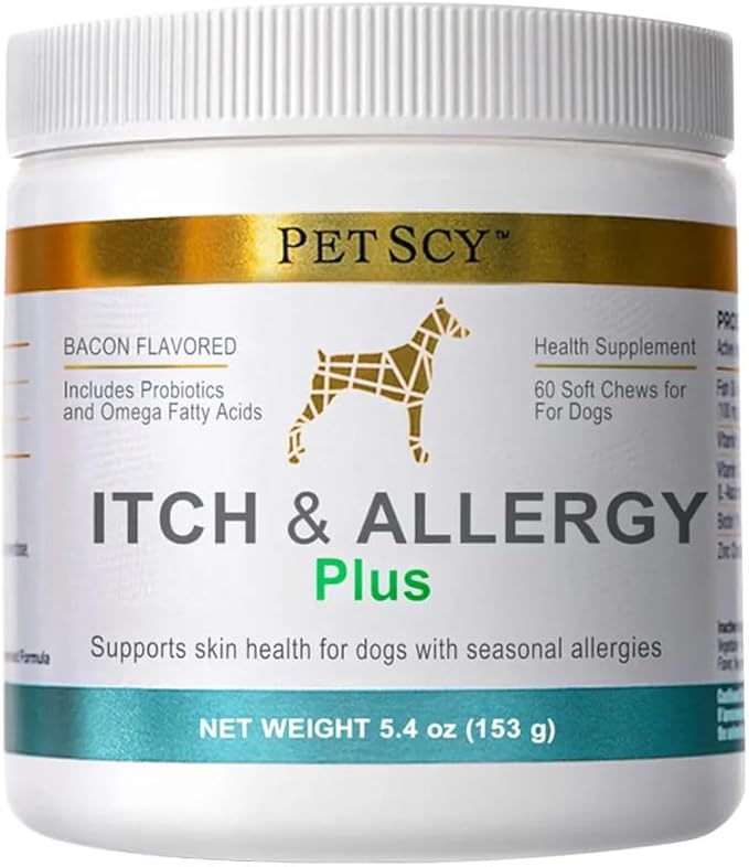 PetScy Itch & Allergy Plus Chews for Dogs Itchy Skin, Ears & Paws | Probiotics, Moringa & Turmeric | Dog Allergy Relief for Skin Redness, Hair Loss Gut & Digestive Health - Bacon Flavor - 60 Chews
