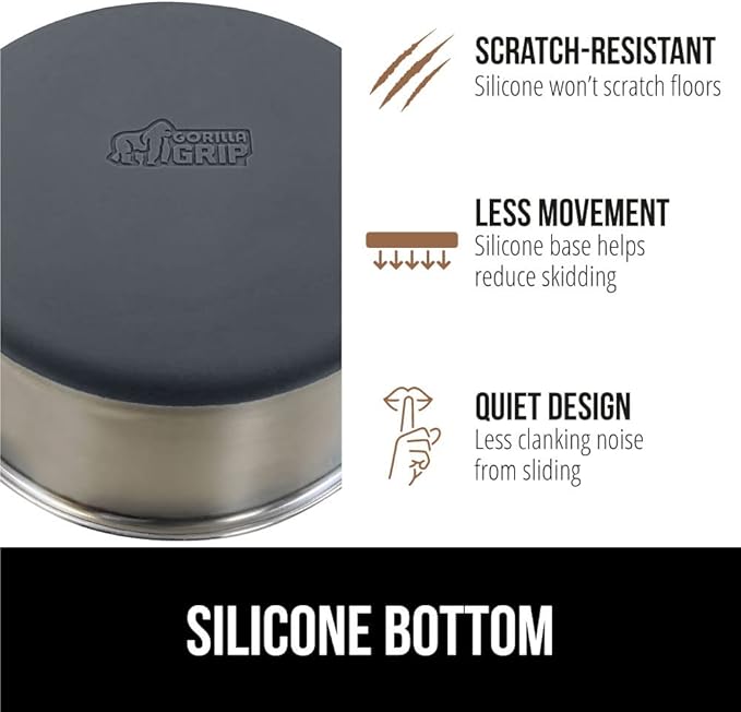 GORILLA GRIP Set of 2 Dog Bowls, Heavy Duty Metal Food and Water Bowl for Feeding Dogs and Cats, Dishwasher Safe, Rust Resistant Stainless Steel, BPA Free Rubber Base, Holds 1 Cup (8 fl oz), Gray