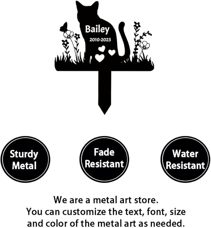 Custom Metal Cat Memorial Garden Stake Grave Marker, Personalized Flowers Cat Memorial Stake Grave Marker for Pet Grave Decor, Customized Cat Headstone Tombstone Outdoors Memorial Marker