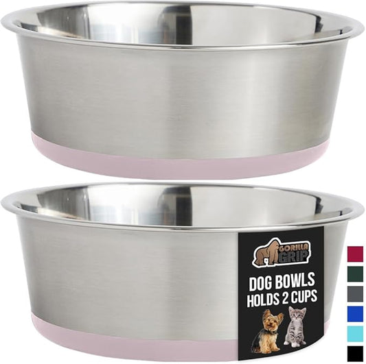 GORILLA GRIP Set of 2 Dog Bowls, Heavy Duty Metal Food and Water Bowl for Feeding Dogs and Cats, Dishwasher Safe, Rust Resistant Stainless Steel, BPA Free Rubber Base, Holds 2 Cups (16 fl oz), Lt Pink